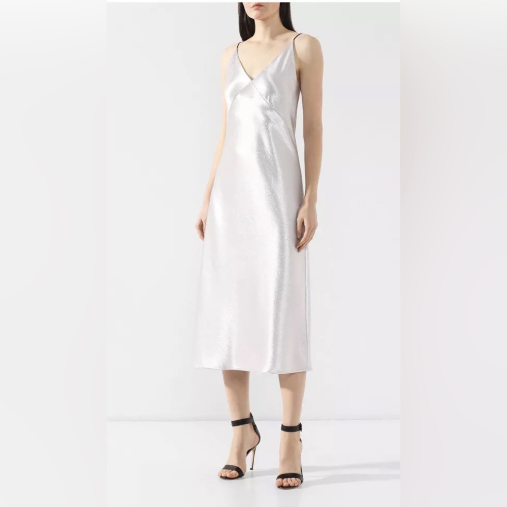 Vince V-Neck Bias Cut Spaghetti Strap Silky Midi Slip Dress Silver - Picture 2 of 9